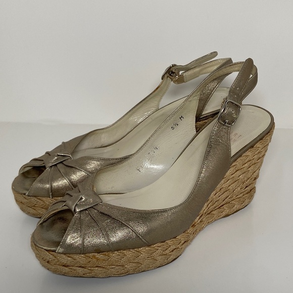 Stewart Weitzman Gold Metallic Espadrille Wedge Heels Size 6.5 - Picture 1 of 11